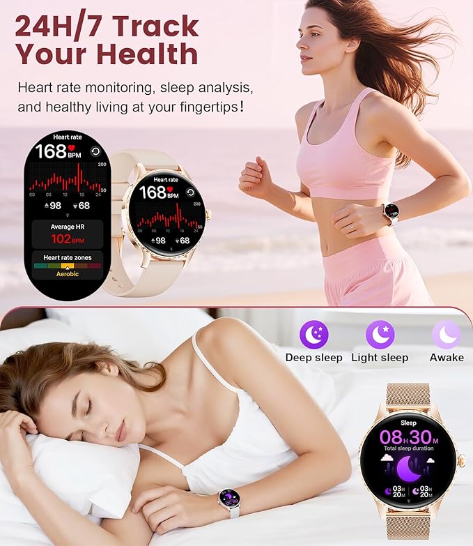 Smart Watch for Women(Answer/Make Calls),1.32" AMOLED Display Fitness Tracker with121 Sports Modes,Heart Rate & Sleep Monitor,Activity Trackers IP68 Waterproof 2 Straps, for Android iOS