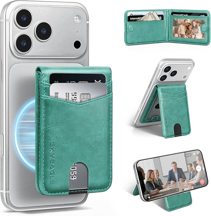 Compatible with Magsafe Case with Card Holder for Men Women Magnetic Ultra-Thin Wallet Bracket Adjustable Bracket for iPhone 17/16/15/14/13/12 Pro/Pro Max/PlusSeries,Blue Green