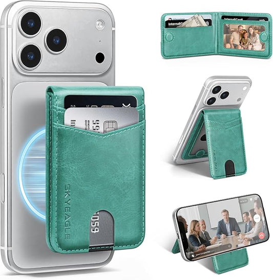 Compatible with Magsafe Case with Card Holder for Men Women Magnetic Ultra-Thin Wallet Bracket Adjustable Bracket for iPhone 17/16/15/14/13/12 Pro/Pro Max/PlusSeries,Blue Green