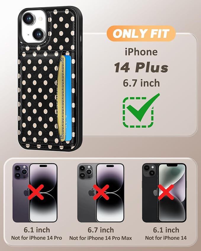 for iPhone 14 Plus Case with Wallet - Fits 4 Card Slots, Compatible with MagSafe for Women Aesthetic Durable PU Leather Credit Card Holder Kickstand Phone Cover for Apple 14 Plus, Black Polka