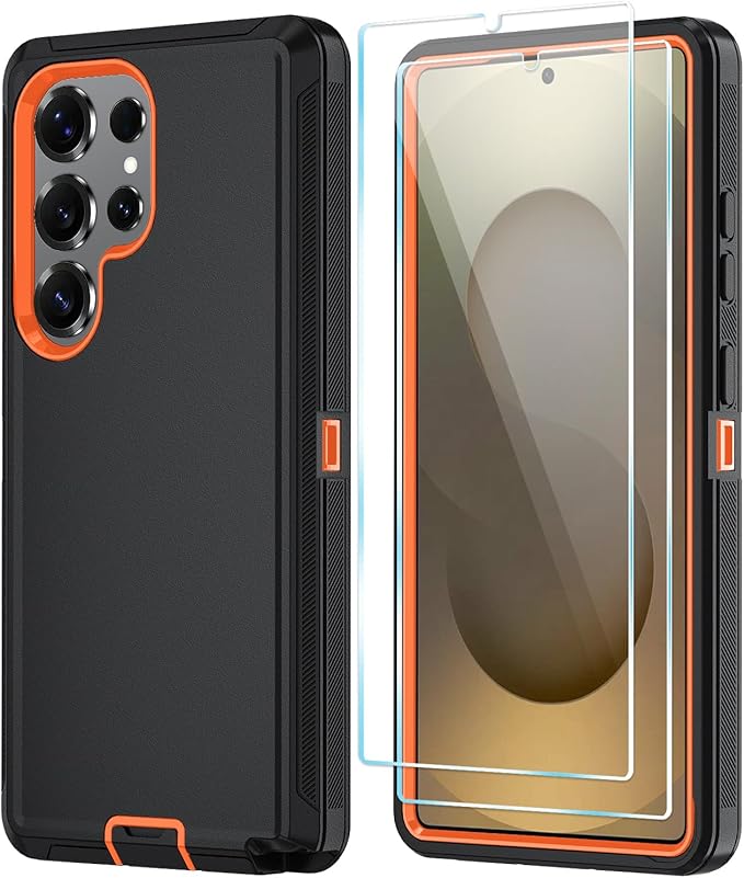 ONOLA Phone Case for Samsung Galaxy S25 Ultra Case with HD Screen Protector, Heavy Duty Shockproof & Dropproof 3-Layer Cover Phone Case for Galaxy S25 Ultra 6.9''，BlackOrange