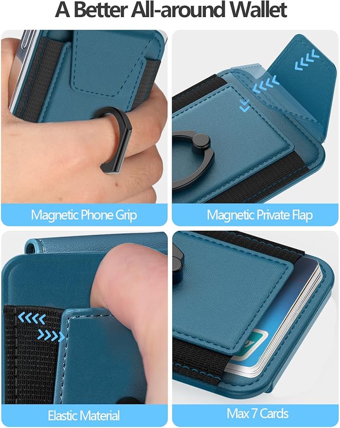 For Magsafe Wallet with Grip, 6-Card Holder, Stronger Magnetic Card Wallet Holder for iPhone 17/16/15, iPhone 14/13/12 Series, Leather Magnetic Phone Wallet with Privacy Flap, RFID Blocking, Blue