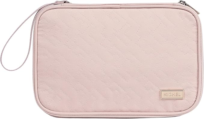 NISHEL Travel Cord Organizer Case, Double Layers Tech Electronic Bag, Essentials for Charger, Cable, Phone, Flash drive, Large, Pink