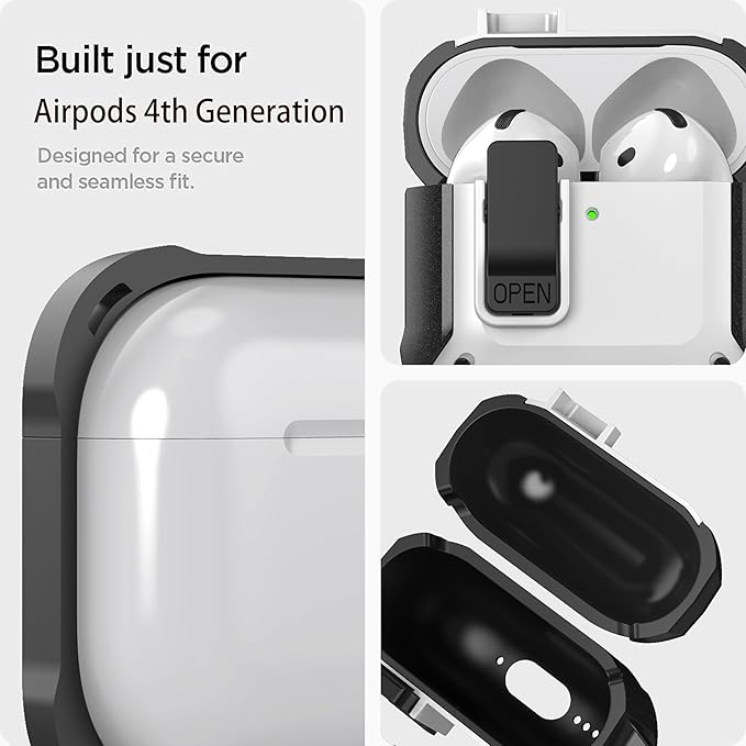 for Airpods 4 Case with Lock Clid, Rugged Apple Airpods 4th Generation Cover 2024 Men Women, Armor Shockproof iPod 4 Gen Protective Hard Shell with Carabiner&Cleaner kit,Black/White
