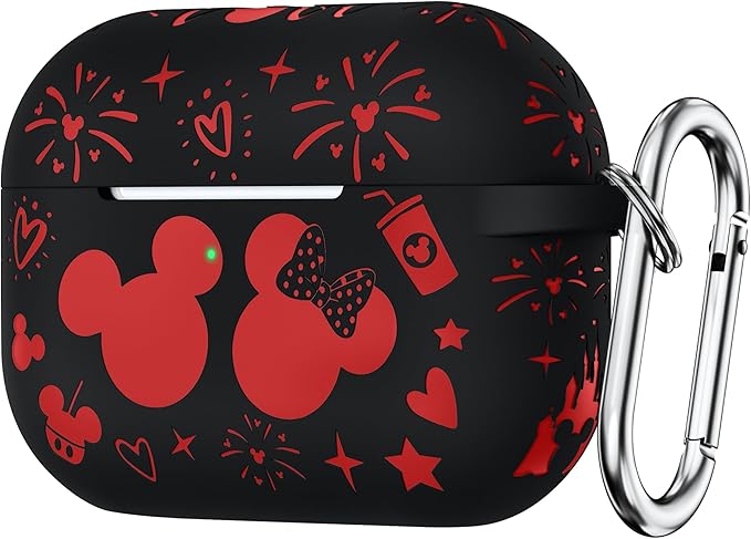 Compatible with Airpods Pro 2nd/1st Generation Case Cover with Keychain, Women Men Soft Silicone Two-Tone Cute Cartoon Engraved Convenience Protective Case, Front LED Visible Black/Red