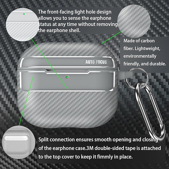 for Hard AirPods Pro 3 Case 2025|Cool Carbon Fiber Air Pods Pro 3 Case (Model A2700/A2931)|with Keychain|Airpod 3 Pro Cases for Man(Gray)