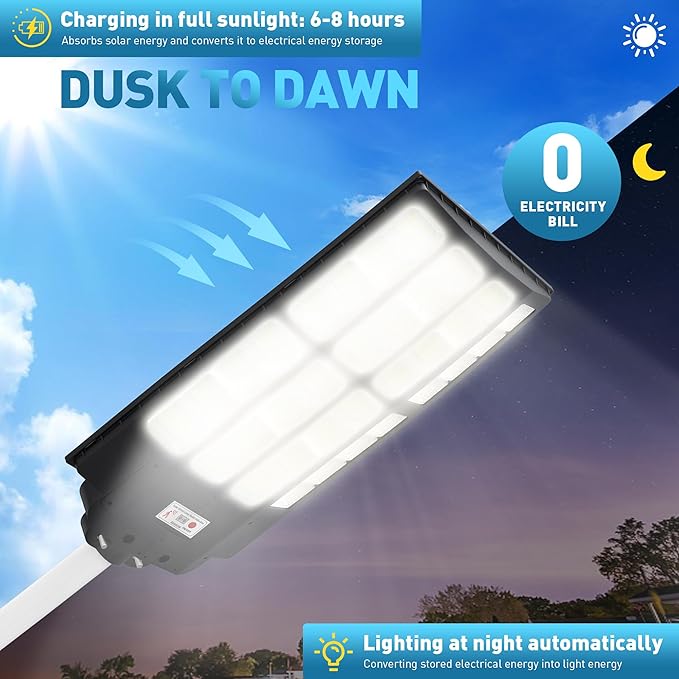 8000W Solar Street Lights Outdoor - Wide Angle Solar Lights Outdoor Motion Sensor,Solar Parking Lot Lights Dusk to Dawn,7000K LED Street Lights Solar Powered for Commercial,Yard(2 Pack)
