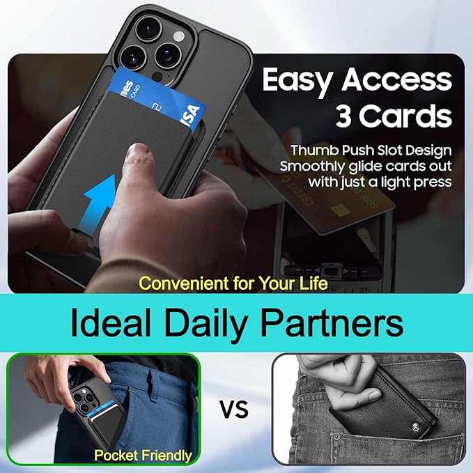 Magnetic for iPhone 15 Pro Max Case with Detachable Wallet, Compatible with MagSafe, Credit Card Holder with Slim Shockproof Protective Phone Cover, Black