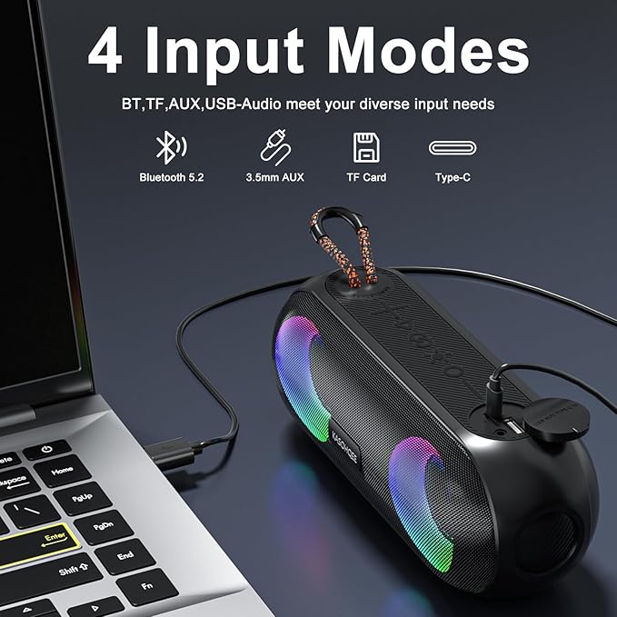 Portable Bluetooth Speaker with RGB Lights, 20W Loud Sound, IPX6 Waterproof, 20H Playtime, Wireless Speakers for Travel, Sport, Party, Outdoor, Shower