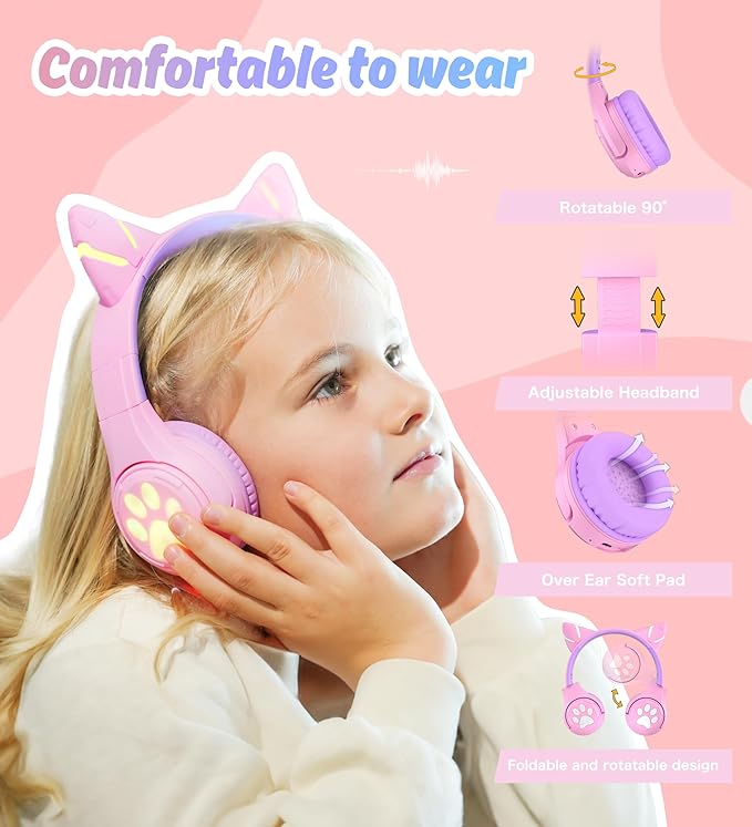 Riwbox CF9 Cat Ear Kids Bluetooth Headphones with LED Light Up,Safe 85dB Volume Limit,Built-in Mic&Boom Mic for Calls,Kids Wireless&Wired Headphones for Tablet/Airplane/School/Online Learning (Purple)