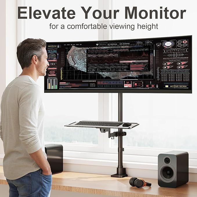 Heavy Duty Monitor-Arm Ultrawide for 24-57’’ - Extra Tall Aluminum Single Monitor Mount Holds up to 59.4 lbs, Adjustable Desk Mount Stand, VESA 75/100/200 mm, Black
