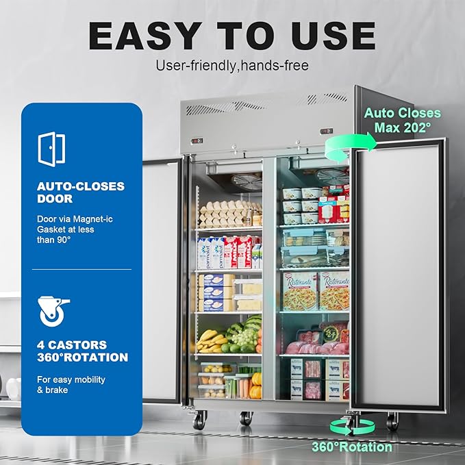 48" W 2 Door Commercial Refrigerator and Freezer Combo Stainless Steel Fan Cooling 38 Cu.ft Fridge and Freezer Dual Zones for Restaurant Bar Shop 33°F~41°F and -8℉ ~0℉, Stainless Steel Reach-in