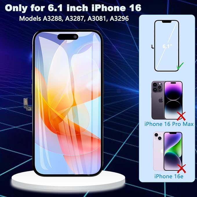for iPhone 16 Screen Replacement 6.1 inch LCD Display 3D Touch Full HD Digitizer Frame Assembly, Compatible with A3288, A3287, A3081, A3296 Models, Repair Kit + Screen Tempered Protector