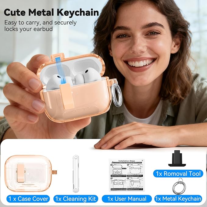 for AirPods Pro 3 Case 2025 with Phone Stand & Secure Lock, Auto-Open Clear Case Cover Compatible with Apple AirPods Pro 3rd Generation with Cleaning Kit & Keychain