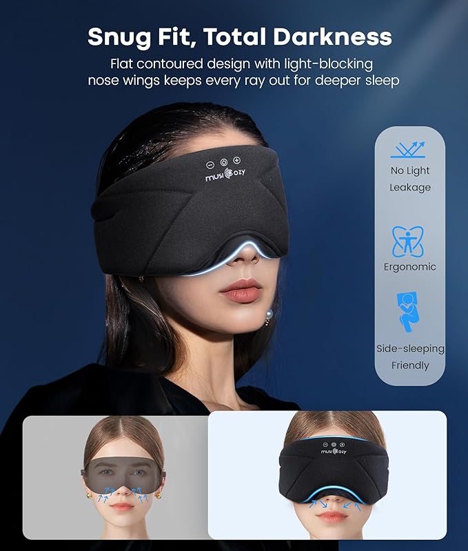 MUSICOZY Bluetooth 5.4 Sleep Headphones Bundle, Washable Zipper Sleep Mask with HD Stereo Speakers + 3D Eye Mask with Smart Timer, Wireless Music Headphones for Side Sleepers, Travel, Relaxation