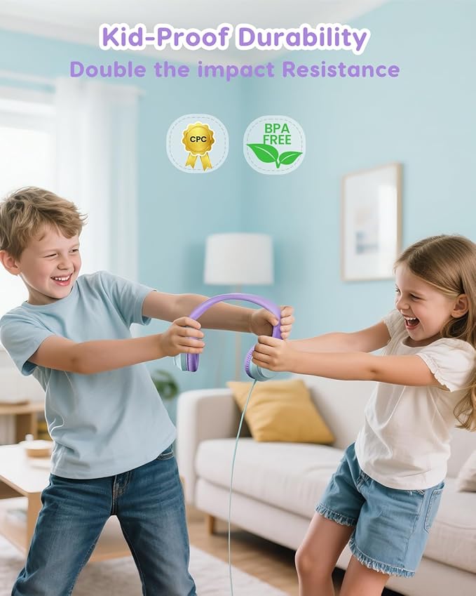Kids Headphones, 74/85/94dB Volume Limiter, Foldable Wired Over Ear Headphones for Travel, 3.5mm Jack, Toddler Headphones for School, Chromebook, iPad, Tablet, Purple Green