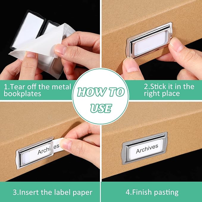 12 Pcs Self Adhesive Metal Bookplates for Books Card Horizontal Clip Label Holders Metal Drawer Tag Silver Label Plate for Office Library Book File Cabinet Drawer Tag Teacher School Classroom