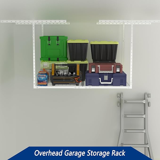 3 x 4FT Overhead Garage Storage Rack,Adjustable Ceiling Storage Racks,Garage Shelving Heavy Duty Storage Organizer System,Load 400LBS Weight(White)
