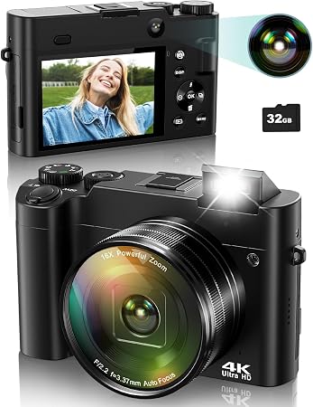 4K Digital Camera for Photography, 64MP Autofocus Vlogging Camera for YouTube with Selfie Lens, Compact Travel Video Camera with Flash, 16X Zoom, Anti-Shake, 32GB Card, 2 Batteries(Black)