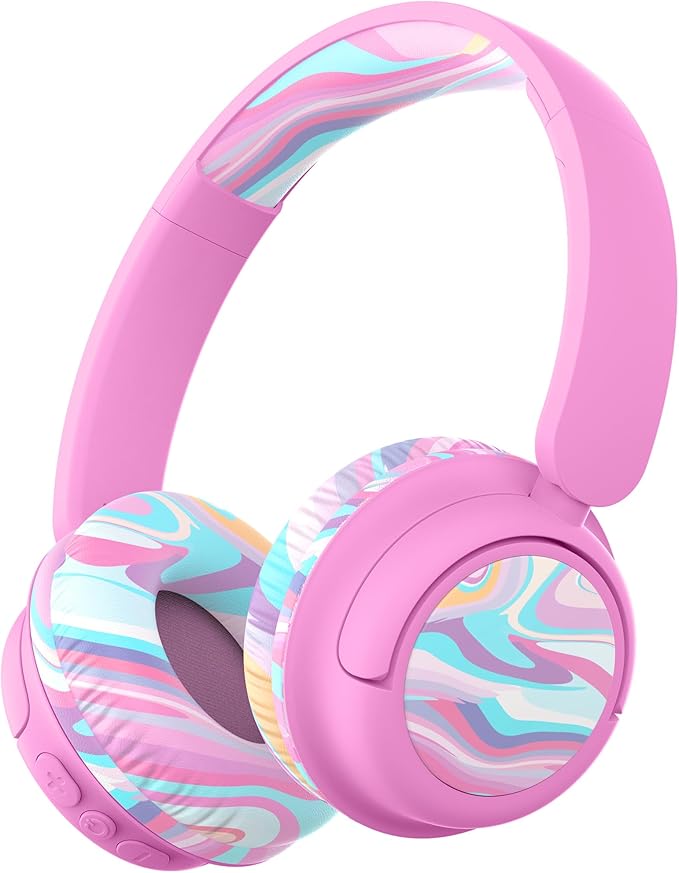 iClever BTH22 Kids Bluetooth Headphones, 60H Play Time, 74/85 dBA Safe Volume, Bluetooth 5.4, USB C, Over Ear Kids Headphones Wireless with Mic AUX Cord for iPad/Tablet/Travel/School, Pink-Stripe