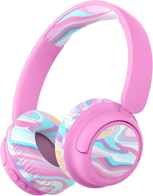 iClever BTH22 Kids Bluetooth Headphones, 60H Play Time, 74/85 dBA Safe Volume, Bluetooth 5.4, USB C, Over Ear Kids Headphones Wireless with Mic AUX Cord for iPad/Tablet/Travel/School, Pink-Stripe