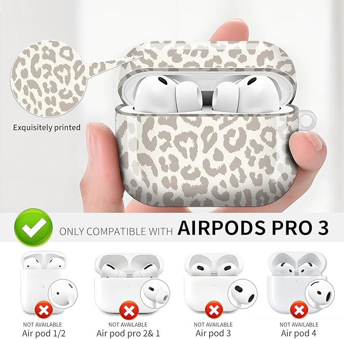Compatible with AirPod Pro 3 (2025),Cute Case Cover for Women & Men, Full Protection Shockproof Hard Case with Keychain, Wireless Charging Case Accessories(Light Leopard Print)