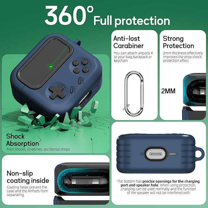 Inesore for Airpods 4 Case with Lock,Compatible with Airpods 4 with Active Noise Cancellation Cases,Classic Cool Funny Game Console Air pods4 Case Cover for Men Boy with Cleaner Kit(Navy Blue)