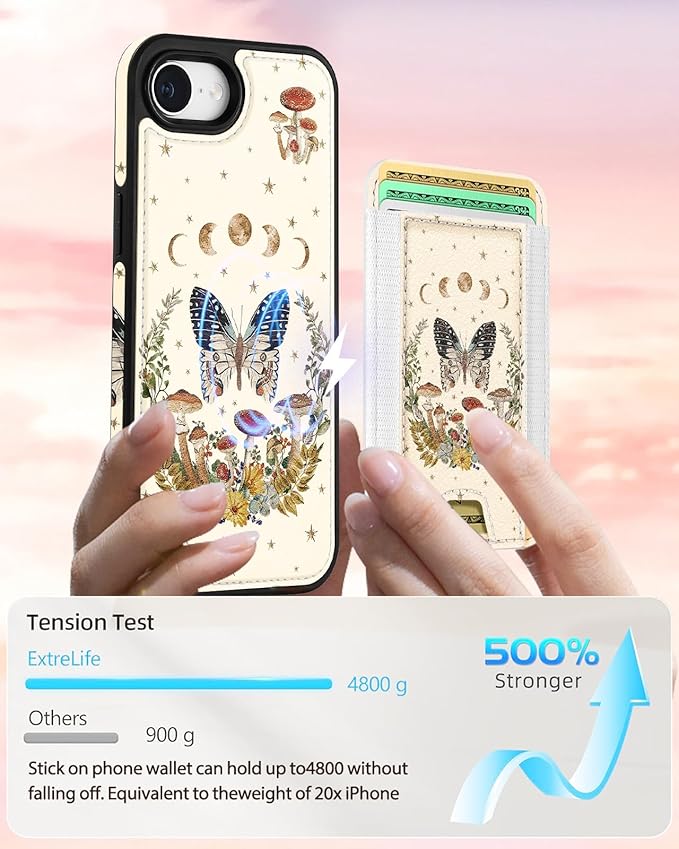 Shorogyt for iPhone 17e/16e Wallet Case - Fits 5 Cards, Compatible with Magsafe Detachable Magnetic Credit Card Holder Leather Cardholder Cute Phone Cover Women Girls for Apple 17e/16e, Moon Butterfly