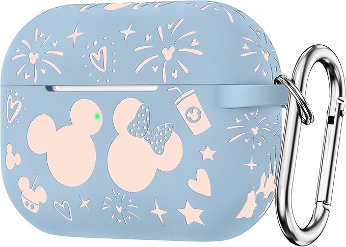 Compatible with Airpods Pro 2nd/1st Generation Case Cover with Keychain, Women Men Soft Silicone Two-Tone Cute Cartoon Engraved Convenience Protective Case, Front LED Visible Blue/Pink