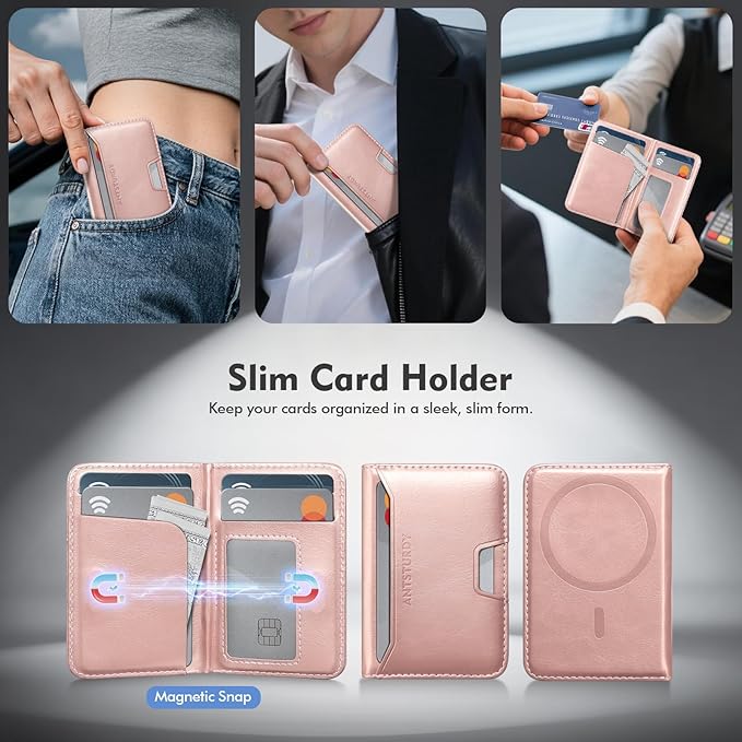 Antsturdy for Magsafe Wallet Stand with Holder,PU Leather RFID Blocking Card Holder,5 Card Slots,Strong Magnet Minimalist Flip Folio Kickstand for iPhone 17/16/15/14/13/12/Pro/Max/Plus/Air,Rose Gold