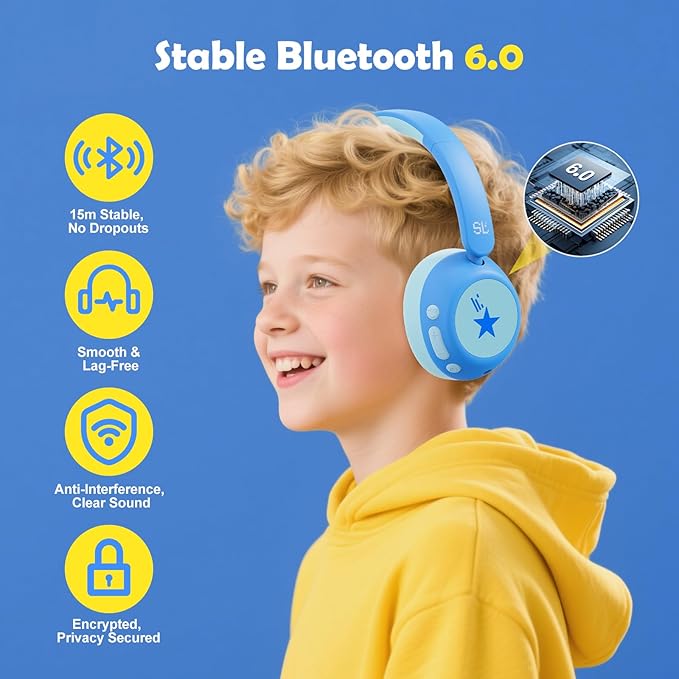 Steellumen Nova1Star Active Noise Cancelling Headphones for Kids, 70H Play Time,Bluetooth6.0,3-Level Volume 75/85/94dB,ANC Safe Wireless Listen, Fast Charging,with Mic,for School,Travel & Airplane