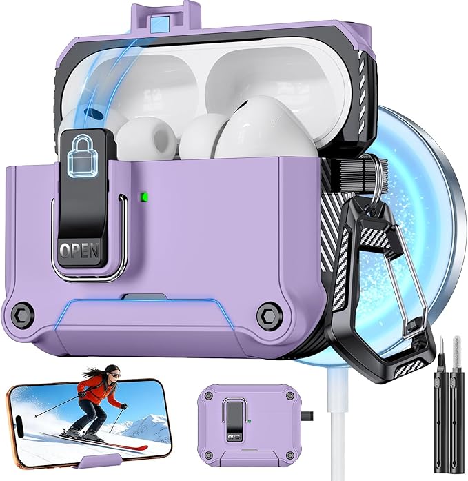 for AirPods Pro 3 Case with Lock,Automatic Snap Switch Design with Phone Stand，Accessories with Cleaning Pen/Keychain/Tool,Compatible with Magsafe(Purple, AirPods Pro 3rd (2025))