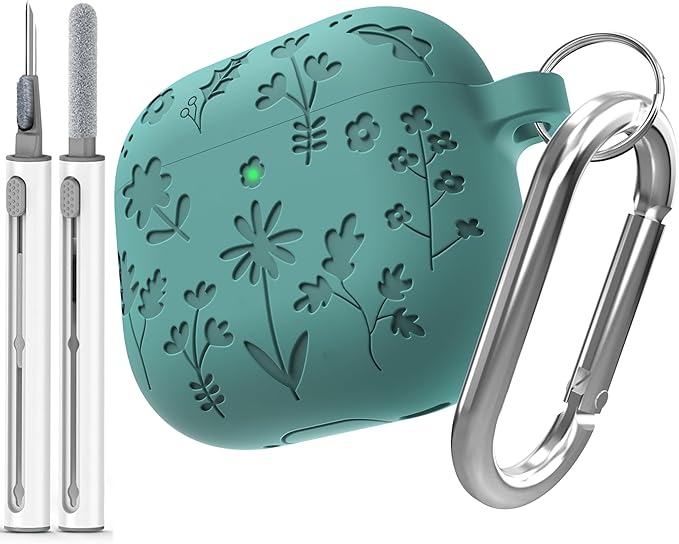 DamonLight Flora Engraved Case for AirPods 4 Cover Shock-Proof Protective Silicone Case with Keychain for Apple Airpods 4th Generation 2024 Released (Forest Green)