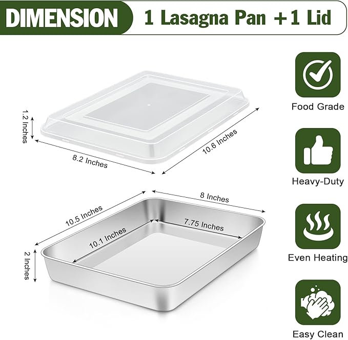 TeamFar Rectangular Cake Pan with Lid, 10.5’’ Stainless Steel Small Lasagna Baking Roasting Brownie Pan, Non-toxic & Deep Side, Brushed Surface & Dishwasher Safe, 2 PCS