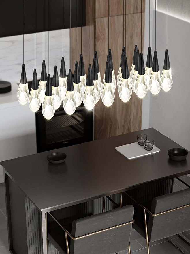 Rectangular Chandelier 24-Lights LED Dimmable Raindrop Chandeliers for High Ceiling Large Chandelier Light Fixture Black High Ceiling Pendant Lights for Villa Living Room Staircase