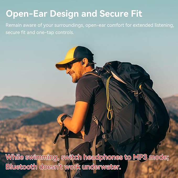 Swimming Headphones IP68 Waterproof, Open Ear Bone Conduction Underwater Headphones Bluetooth 5.4& MP3 with 32GB Memory Card, Soft/Skin/Lightweight Sound Swim Earbuds-SurfAudio(Black)
