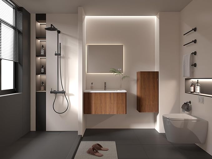 Striped Walnut Floating Bathroom Side Cabinet Wall-Mounted Storage for Small Spaces Pre-Assembled with Safe Curvy Design Push-Open Door (B.Walnut, Side Cabinet)