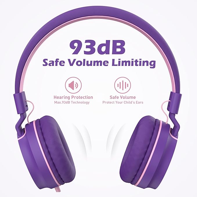 Kids Headphones, Wired Headphones for Kids On Ear with Microphone, 93dB Volume Limiter Headphone for Girls Boys, Foldable Lightweight Headphone for School Learning & Entertainment, Pink Purple