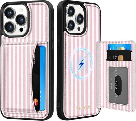for iPhone 13 Pro Max Case with Wallet - Fits 4 Card Slots, Compatible with MagSafe for Women Aesthetic Durable PU Leather Credit Card Holder Kickstand Phone Cover for Apple 13 Promax, Stripe