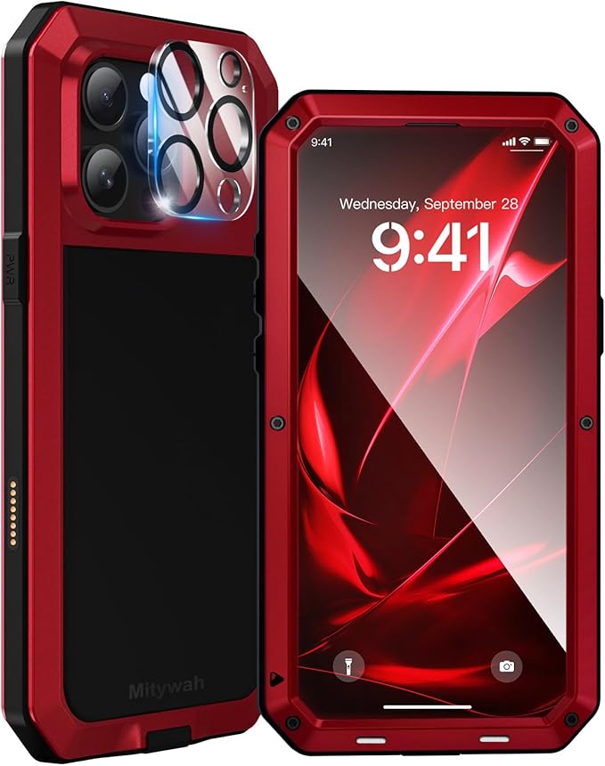 Mitywah Metal Case for iPhone 16 Pro Max, Rugged Phone Case Built-in 9H Screen Protector Military Grade Full Body Protection Heavy Duty Dual Layer Screw Bumper Protective Case iPhone 16 Pro Max Red | Aluminum Phone Case, 9H Screen Protector, Military G...