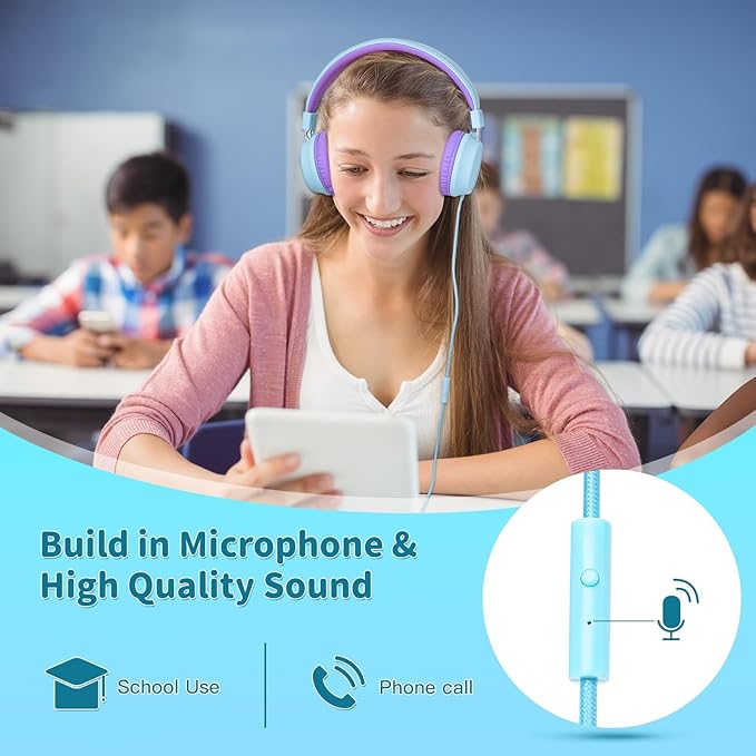 Olyre Kids Headphones, Toddler Headphones with Cord for School Plane Travel, Lightweight Stereo Wired Children Earphones with HD Microphone for Boys Girls for PC Cellphone Tablet(Icy Mint Blue/Purple)
