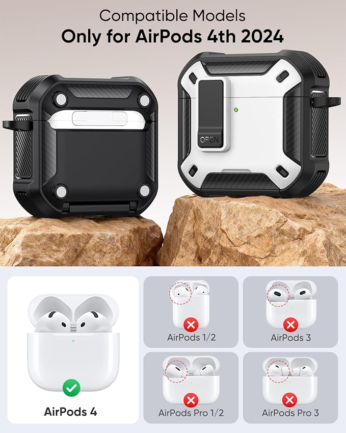 MoKo for AirPods 4 Case with Lock 2024 - Compatible with MagSafe, Phone Stand & Auto Pop-up for AirPods 4th Generation Case, Military-Grade Protective Cover with Cleaner Kit, White+Black