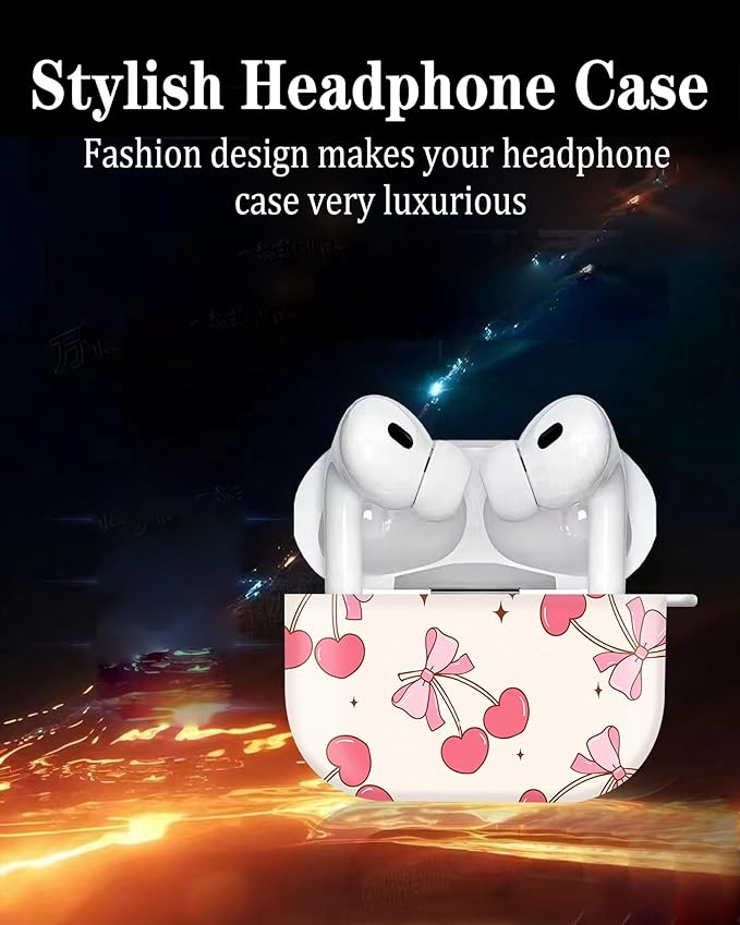 Cute Hard Case Compatible with AirPods Pro 2nd/1st Generation, Protective Cover with Golden Keychain, Fits 2023/2022/2019 Models, for Women, Girls, and Men(Pink Bow Cherry)