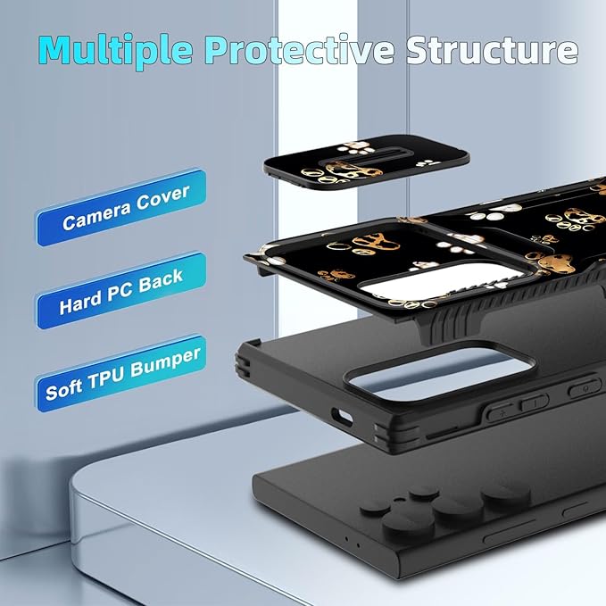 for Galaxy S24 Ultra Case Built in Slide Camera Lens Cover,Heavy Duty Shockproof Protection Dual Layer Case for Samsung Galaxy S24 Ultra 6.8" 2024,Cute Dog Paw Prints