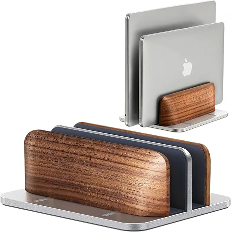 JCZT Vertical Laptop Stand, Walnut Dual Laptop Holder, Silver