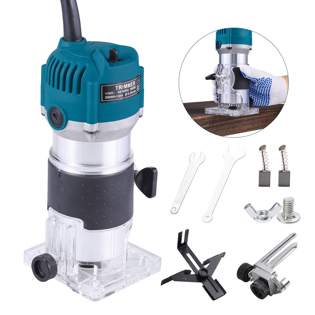 Router Tool, 110V 800W Compact Wood Router Tool for Woodworking, Electric Hand Trimmer 30000R/MIN Compact Edge Laminate (Blue) - Image 1
