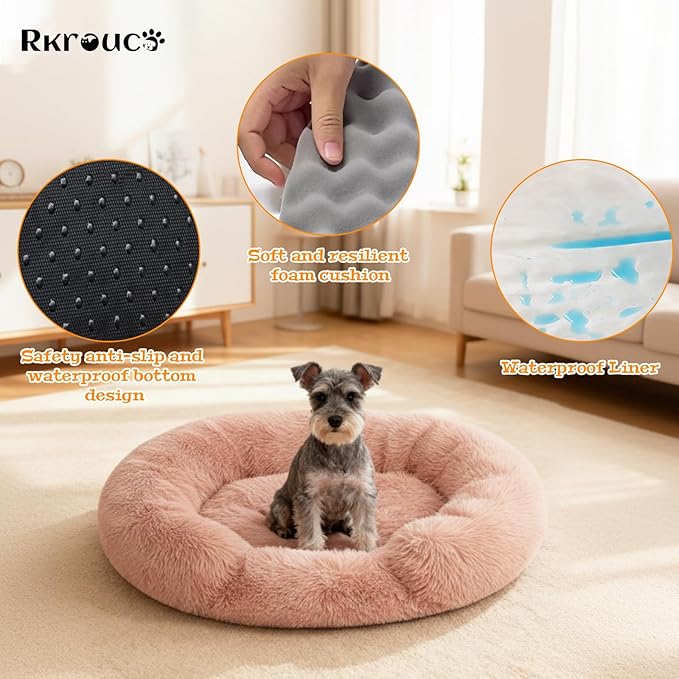 Fluffy Dog Bed Calming Donut Beds for Large Dogs Warming Round Small Medium Pet Nest Cozy Cat Mattress Indoor Washable Puppy Kennel Kittens Sleep Mat (XS, 20×20 inch, Fresh Pink)