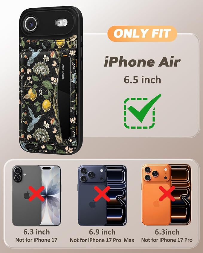 for iPhone 17 Air Case with Wallet - Fits 4 Card Slots, Compatible with MagSafe for Women Aesthetic Durable PU Leather Credit Card Holder Kickstand Phone Cover for Apple 17 Air, Lemon Bird