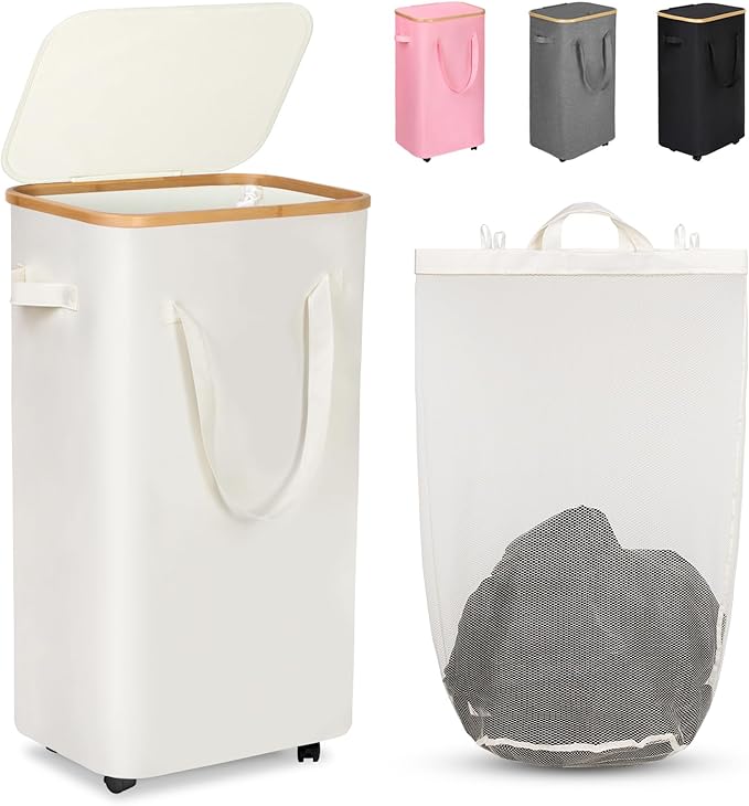 WELTRXE Laundry Basket with Wheels, 110L Large Clothes Hamper for Laundry, Collapsible & Waterproof Laundry Hamper with Lid and Removable Inner Bag, for Laundry Room, Bedroom, Dormitory Storage, Beige