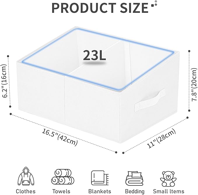 DIMJ Large Closet Shelf Organizer Bins 6 Packs with Handles and Divider, Fabric Trapezoid Storage Baskets, Foldable Clothes Containers Box for Shelf, Towel, Book, Toy, Purse, Hats, ,White